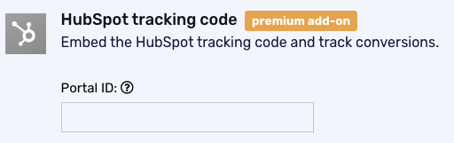 HubSpot tracking code interface snippet with a premium add-on label, a text field for Portal ID entry, and an information icon.