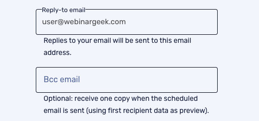 Email settings interface showing fields for "Reply-to email" and "Bcc email" with example email addresses.