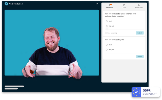 Webinar screen with polls and GDPR badge 2
