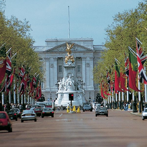 red road with cabs leading to buckingham palace entrance