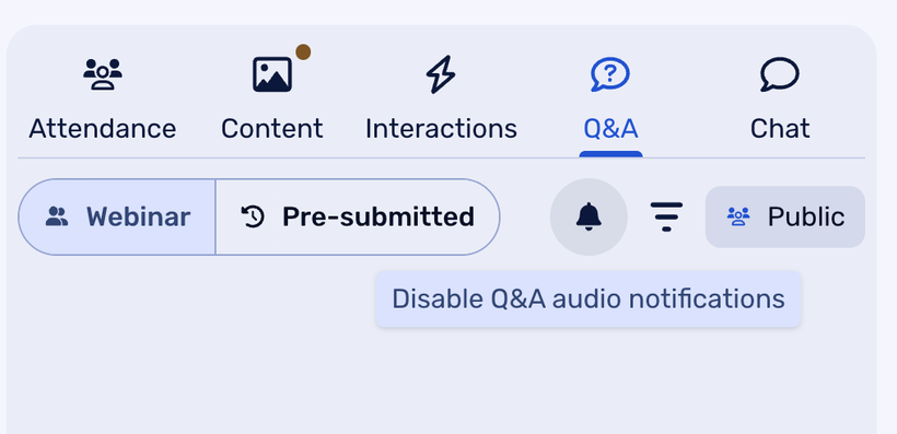 Interface options with icons. Tabs include Attendance, Content, Interactions, Q&A, and Chat. Notification and Public mode icons are highlighted.