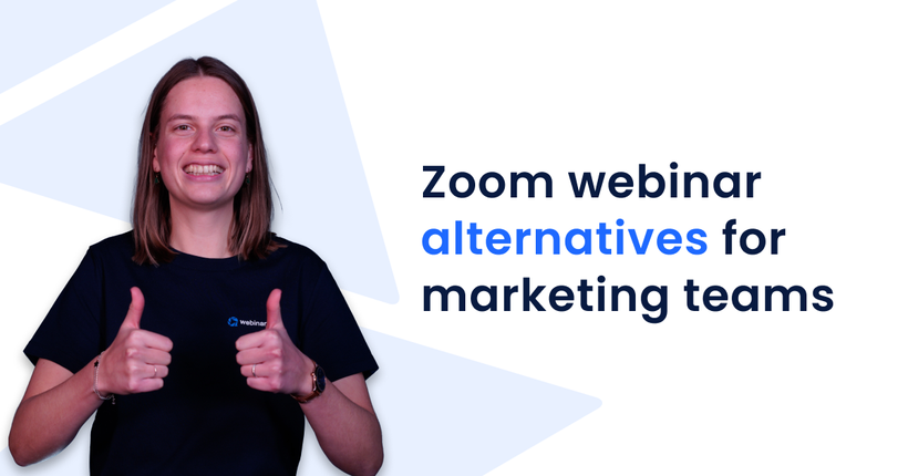Smiling person giving thumbs up next to text: "Zoom webinar alternatives for marketing teams."