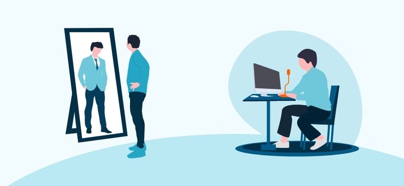 Illustration of guy looking in the mirror and same guy hosting a webinar