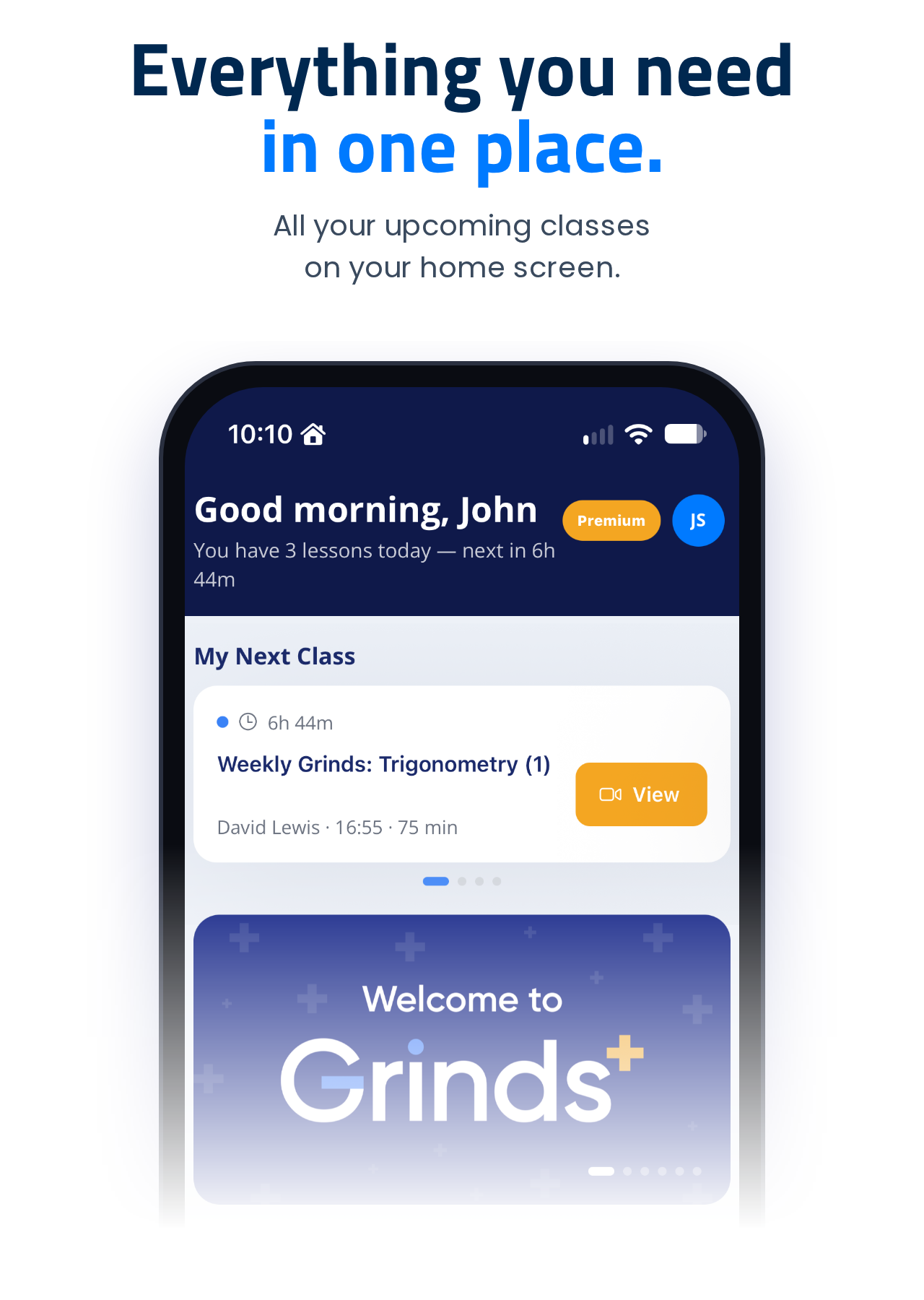 Grinds+ app home screen showing upcoming classes