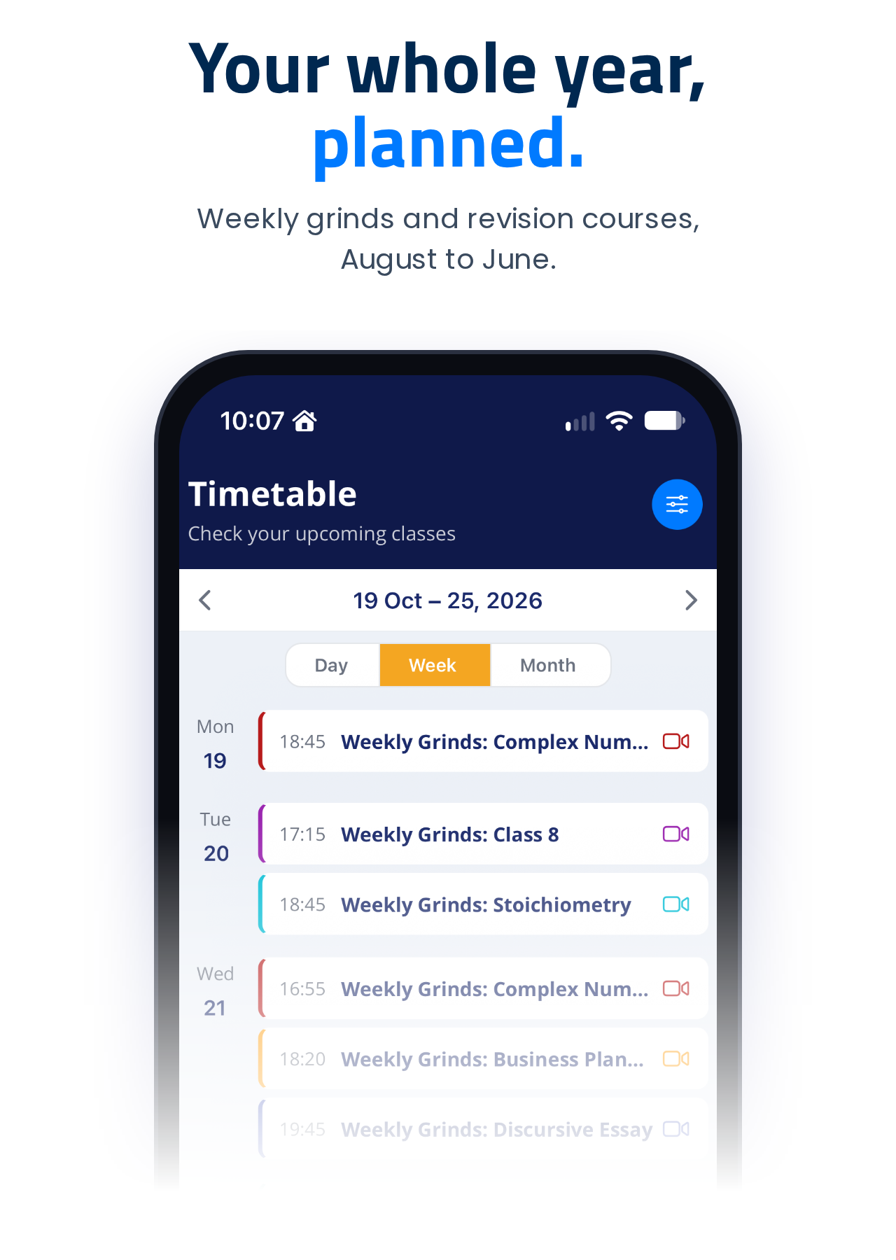 Grinds+ app timetable of weekly grinds and revision courses