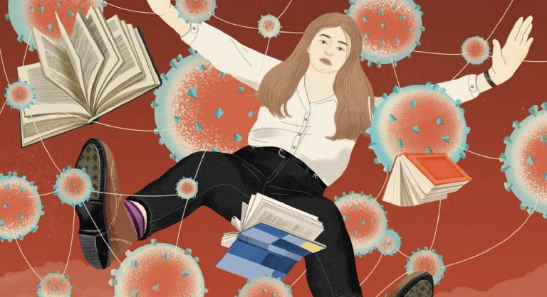 Illustration of girl falling with books and virus illustrations in the back
