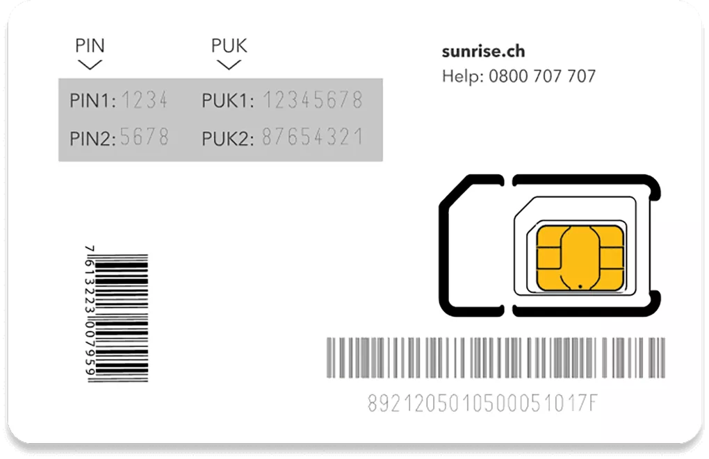 Sunrise SIM-Kartenträger mit PIN und PUK Code