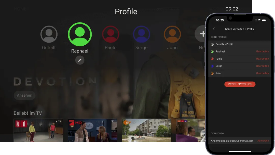 Bildschirmansichten der Profilfunktion in der TV-App.