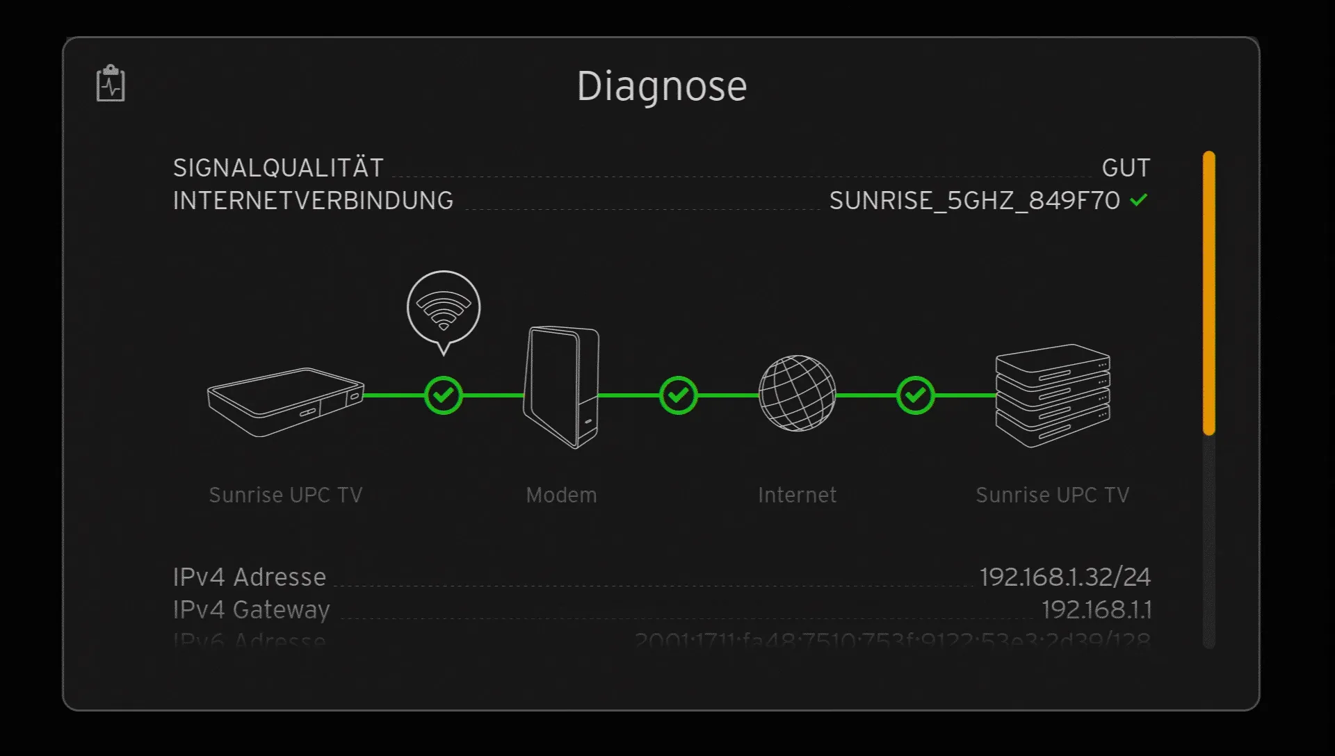 Bildschirm mit Selbstdiagnose der Signalqualität
