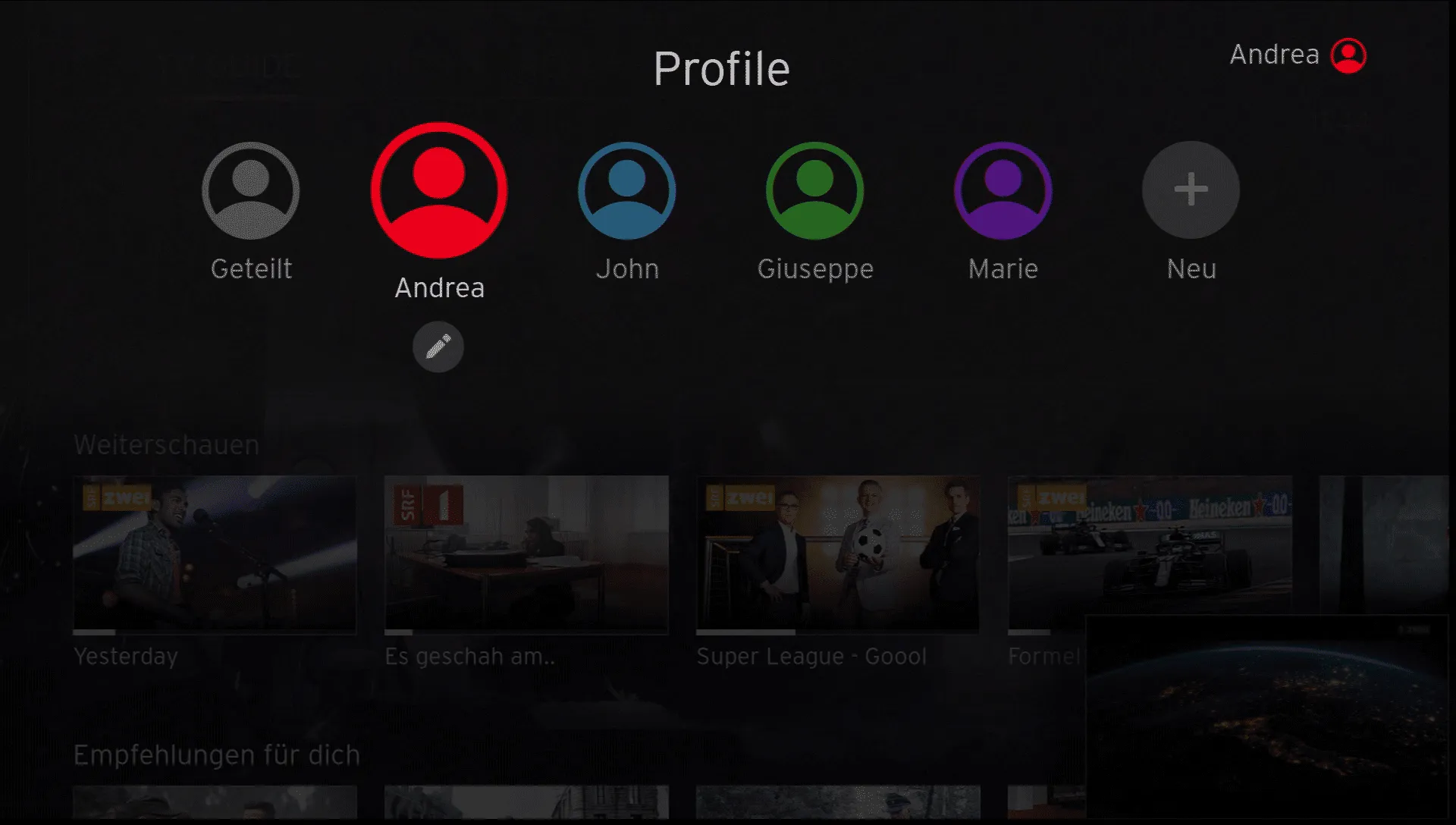 Bildschirm mit Auswahl an Profilen