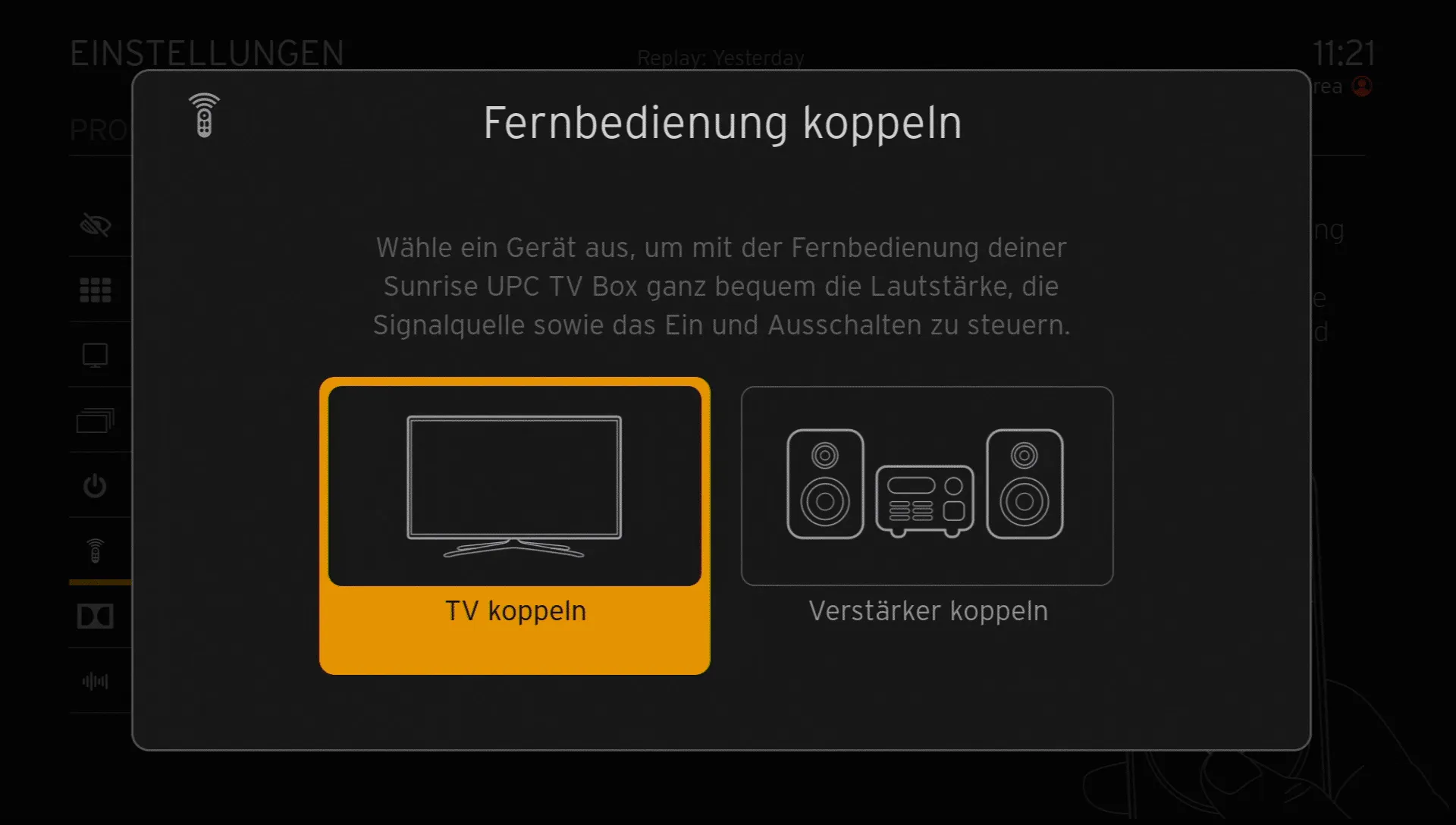 Bildschirm mit Auswahl "TV koppeln" angewählt.