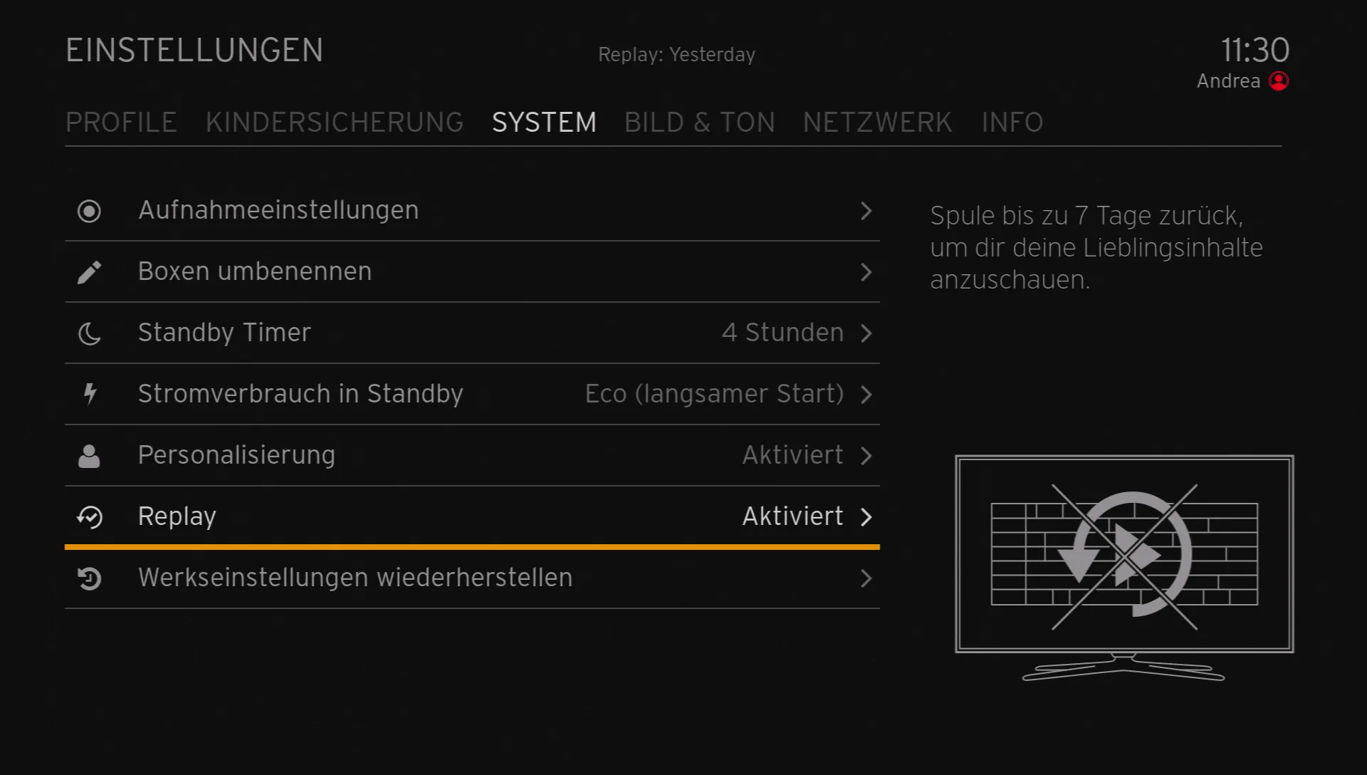 Bildschirm zeigt Menu und "Replay" ist angewählt