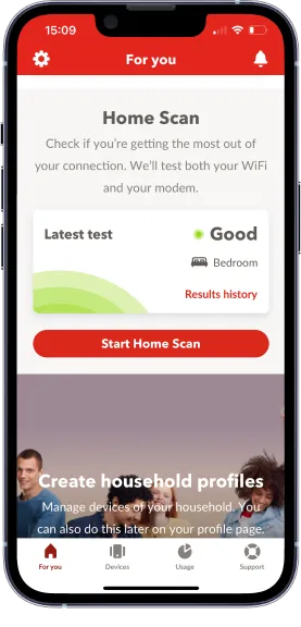  Illustration of checking and optimizing Wi-Fi using Home Scan in the Connect app.
