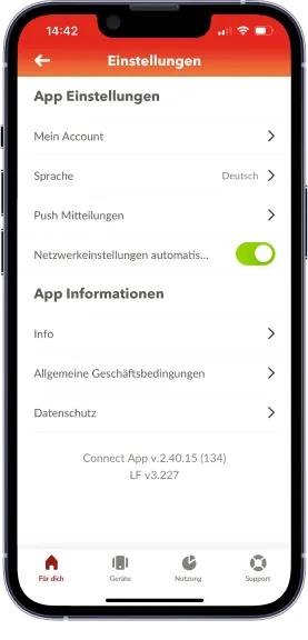 Abbildung zur Sicherung und Wiederherstellung der Connect Box-Einstellungen in der Connect App.