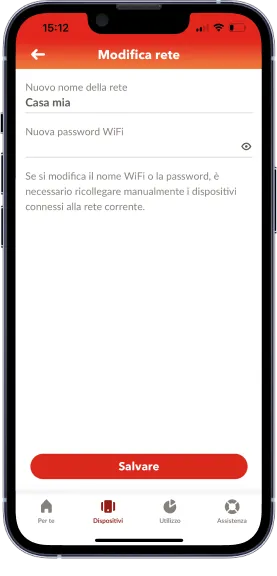 Rappresentazione del cambiamento del nome e della password del WiFi nell'app Connect.