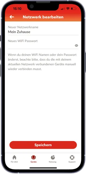 Abbildung zur Änderung des WLAN-Namens und -Passworts in der Connect App.