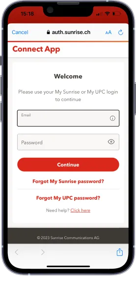 Depiction of the login screen of the Connect app on a smartphone.