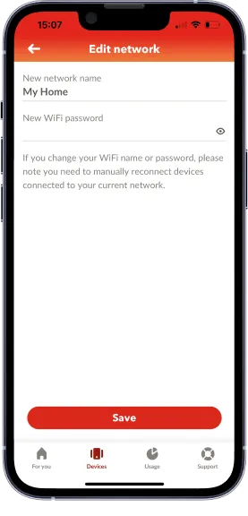 Illustration of changing Wi-Fi name and password in the Connect app.