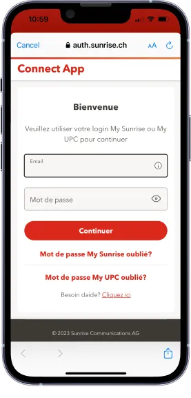 Représentation de l'écran de connexion de l'application Connect sur un smartphone.
