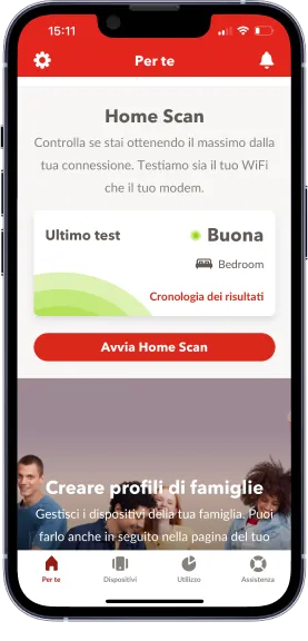 Rappresentazione della verifica e dell'ottimizzazione del Wi-Fi tramite Home Scan nell'app Connect.