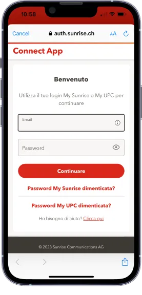 Rappresentazione della schermata di accesso dell'app Connect su uno smartphone.