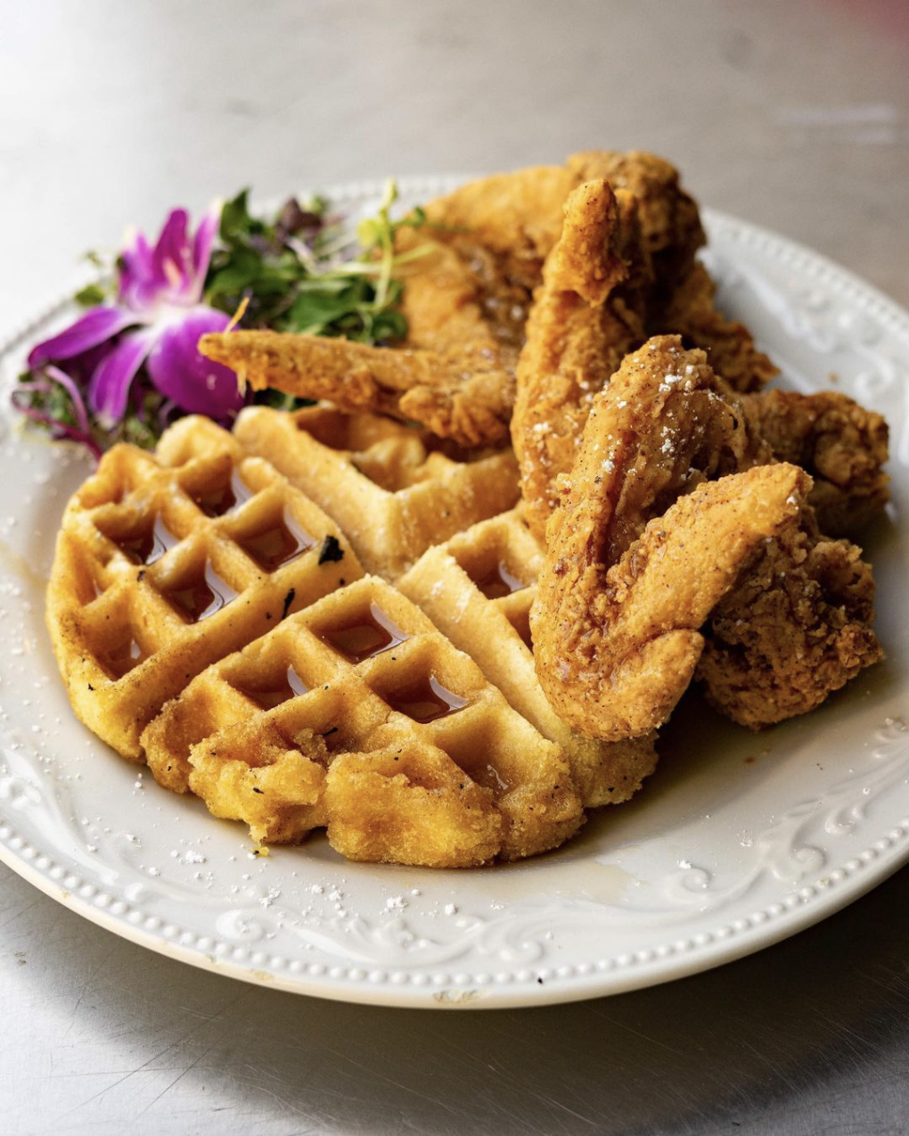 Chicken & Cornmeal Waffle from Po’Shines Cafe De La Soul via Instagram (@poshinespdx)