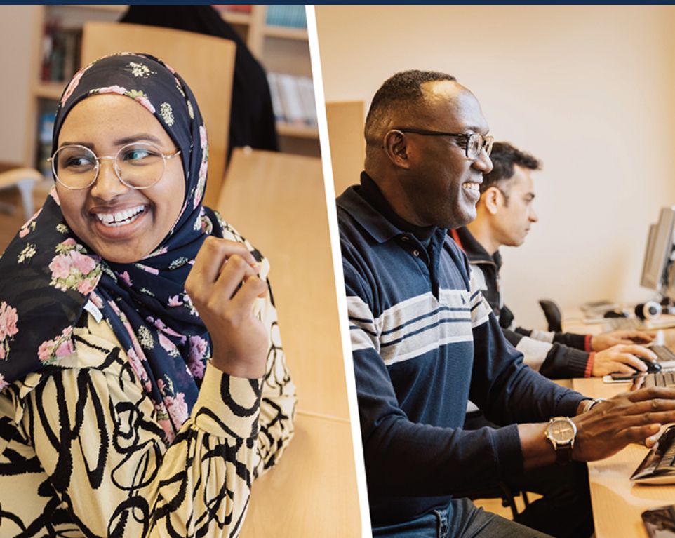 kvinna som ler och man vid dator