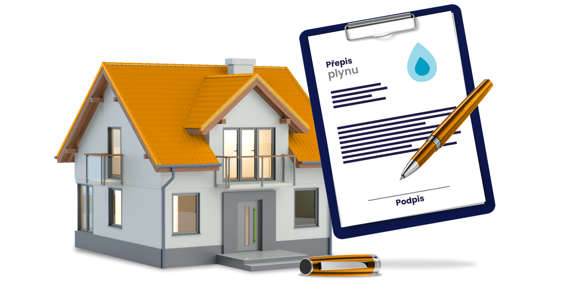 Přepis plynu při koupi nemovitosti - dům a desky s dokumenty