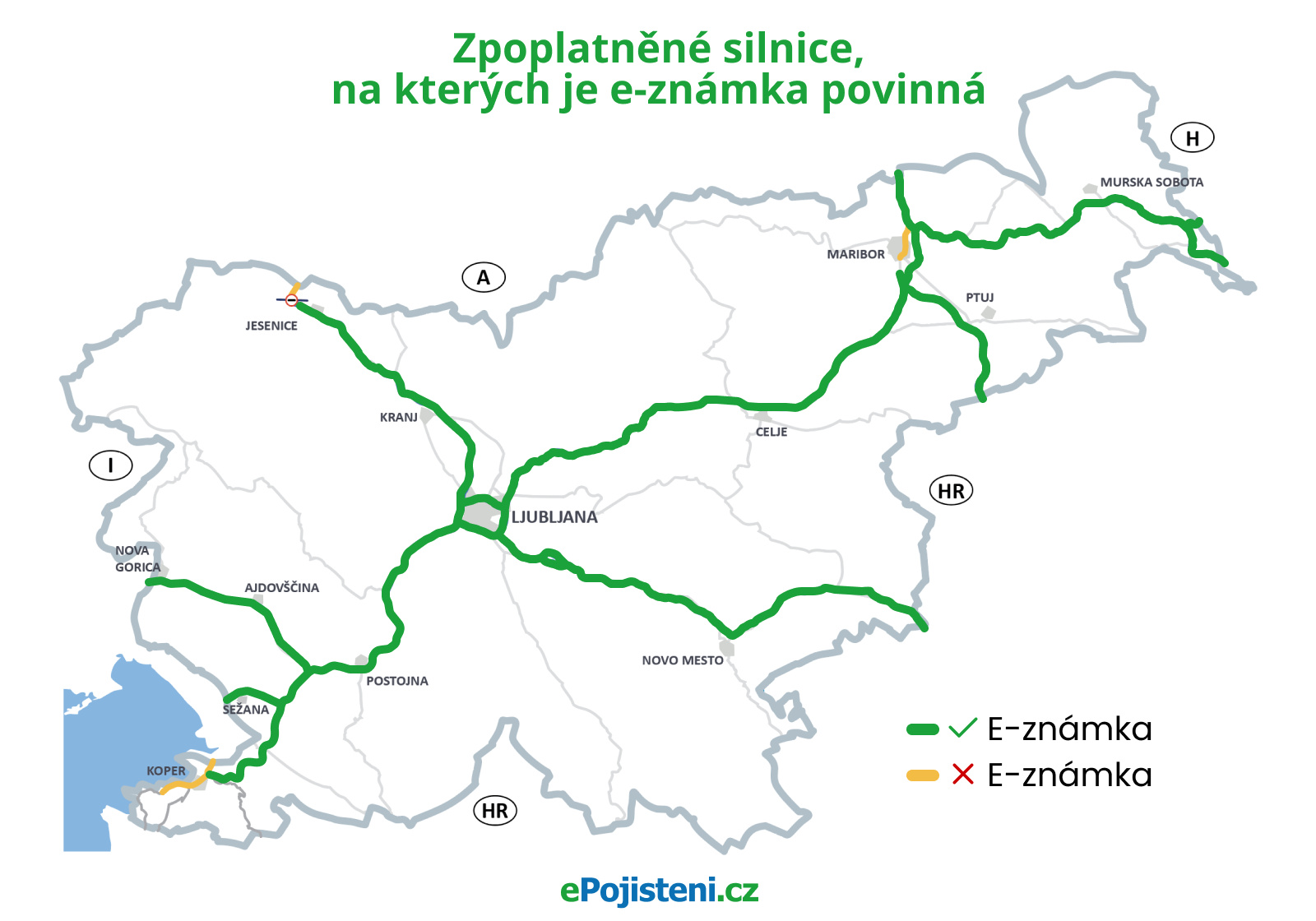 mapa zpoplatněných úseků ve slovinsku