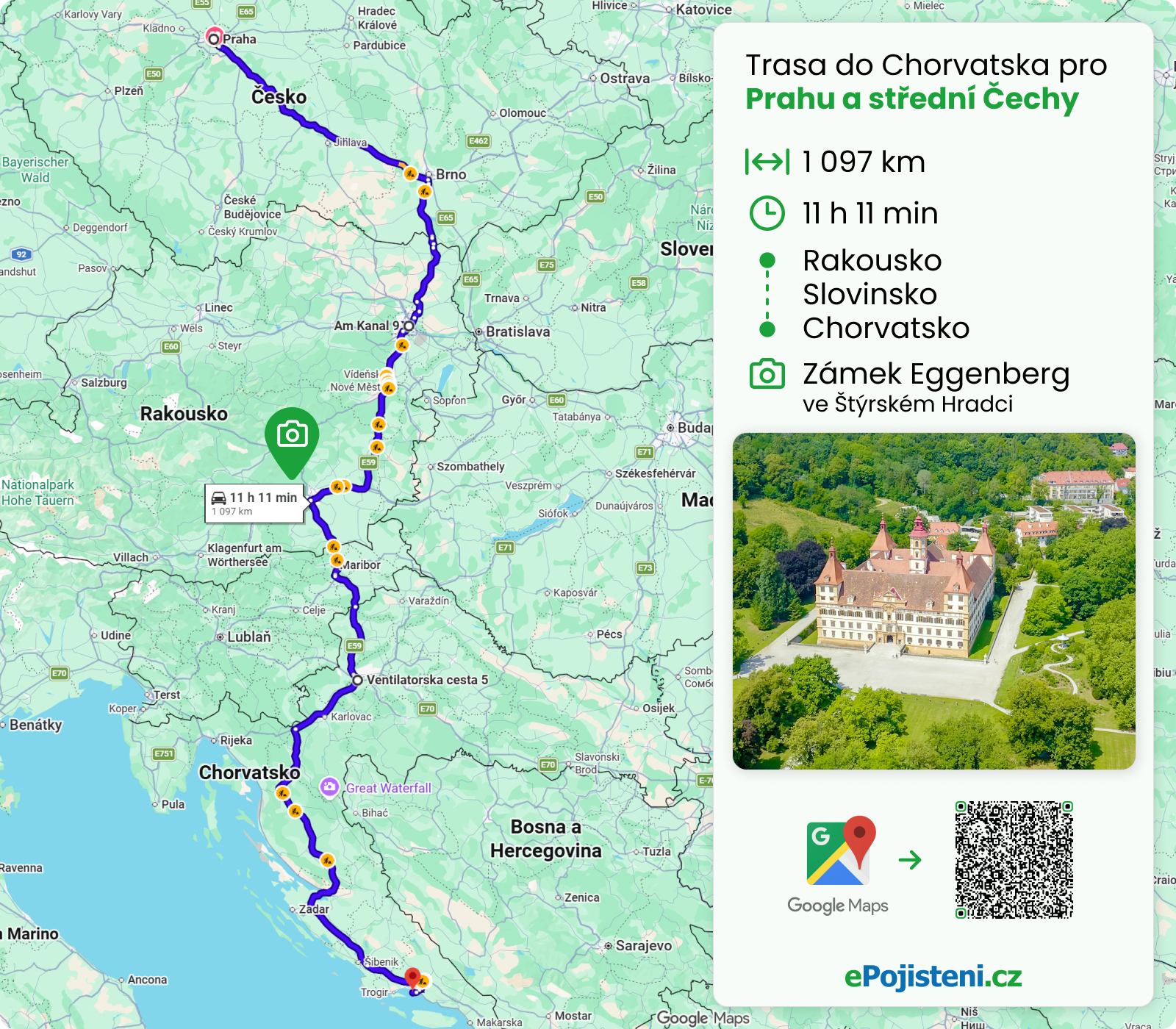 Mapa trasy do Chorvatska pro Prahu a střední Čechy.