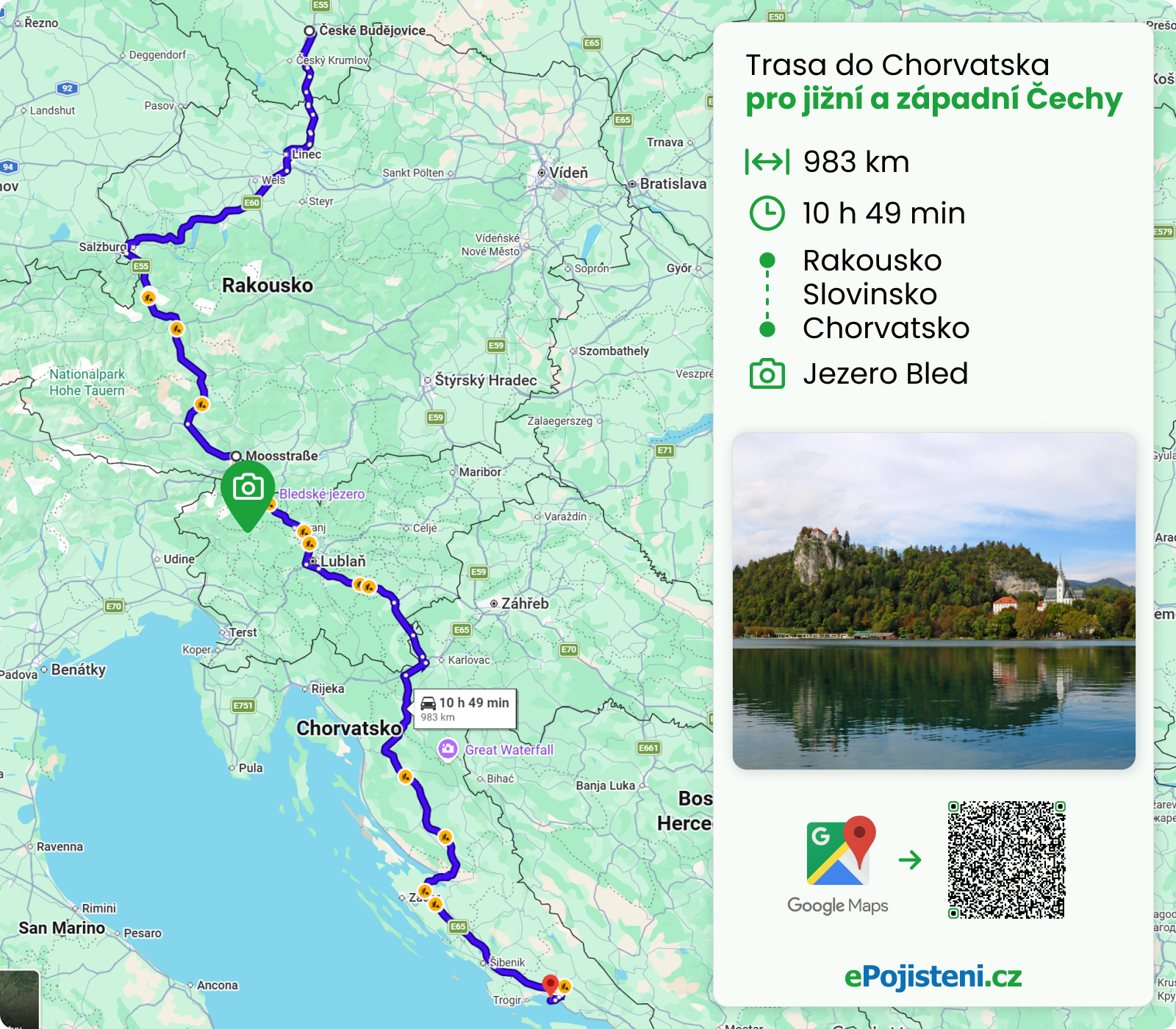 Mapa trasy do Chorvatska pro jižní a západní Čechy.