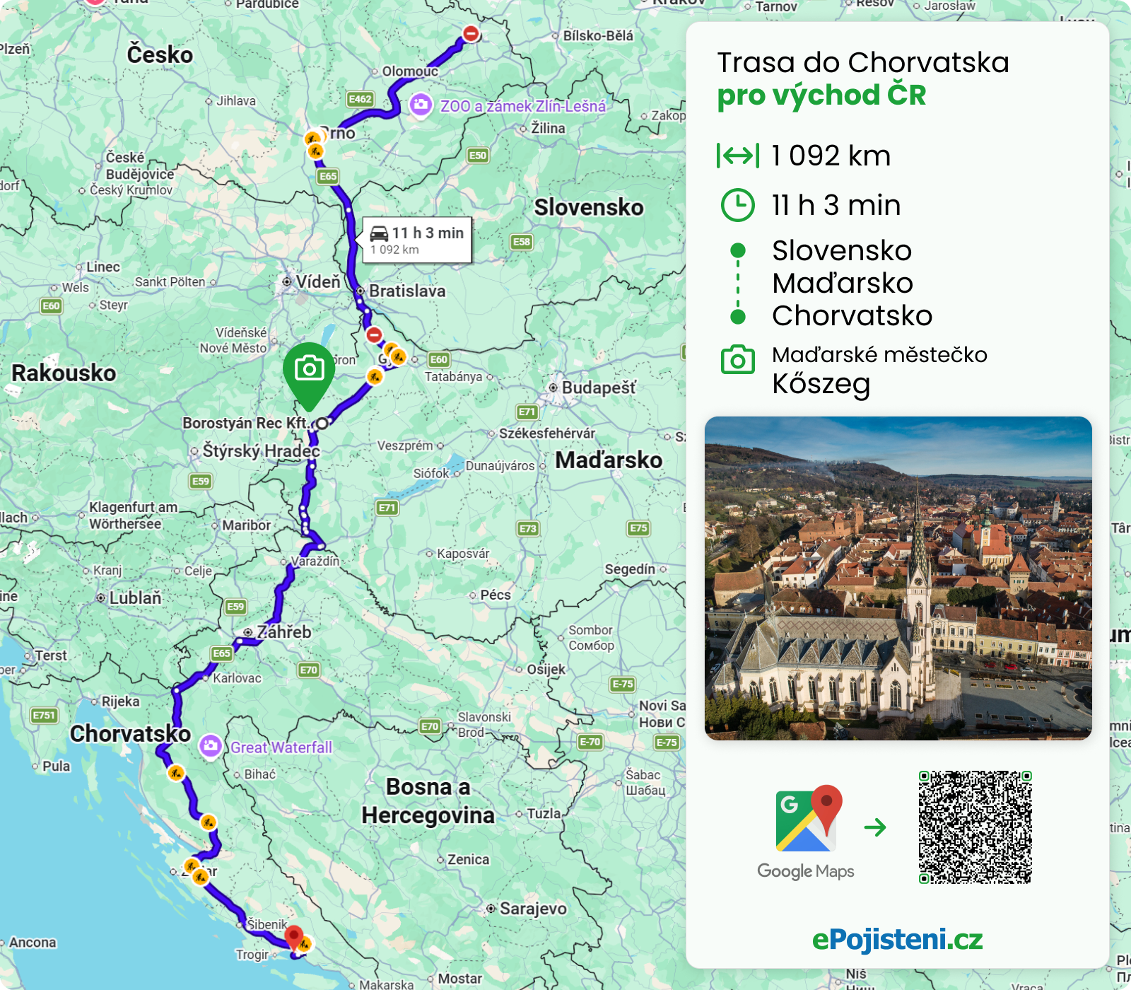 Mapa trasy do Chorvatska pro východ ČR.
