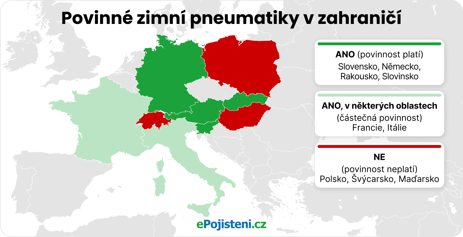 mapa kde jsou a nejsou povinné zimní pneumatiky v zahraničí