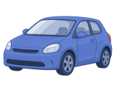 Illustration of a small blue car with two doors, rounded edges, and five-spoke wheels, viewed from the front left side.