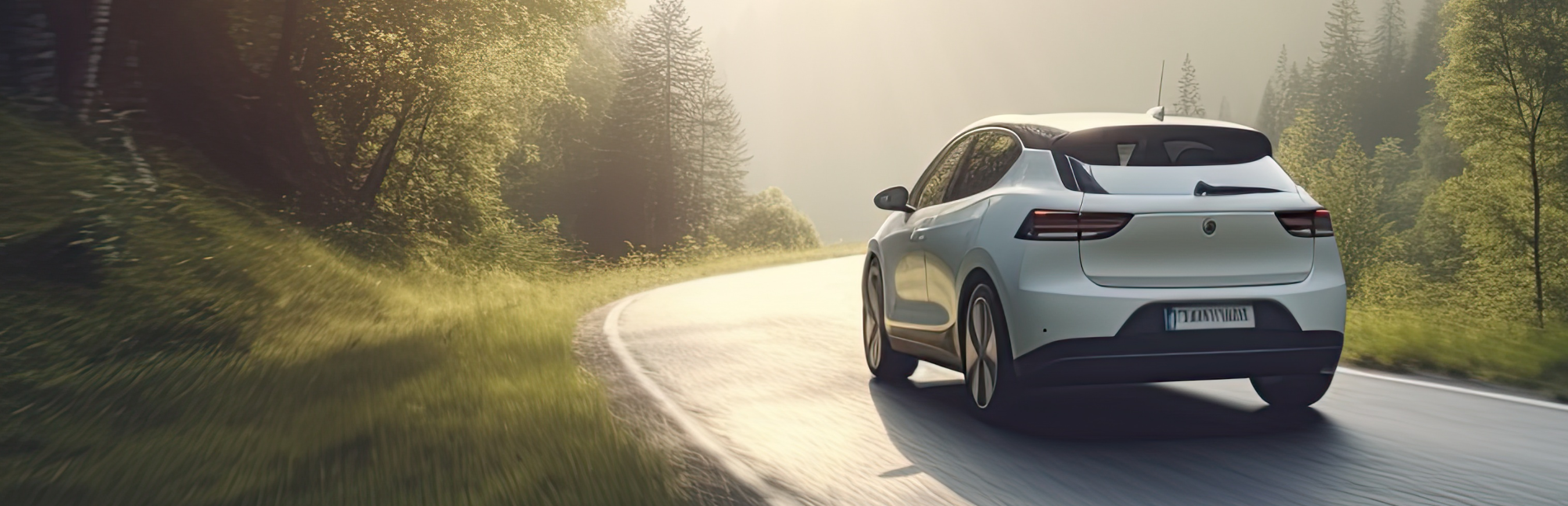 A white car driving on a winding road through a lush, sunlit forest with trees on both sides.