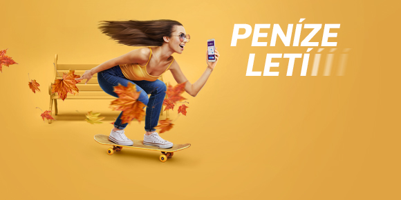 Razdva půjčka - mladá žena ve žlutém tílku a modrých džínách na skateboardu, listí, lavička