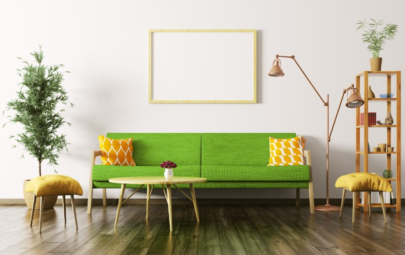 Obývací pokoj se zelenou sedačkou