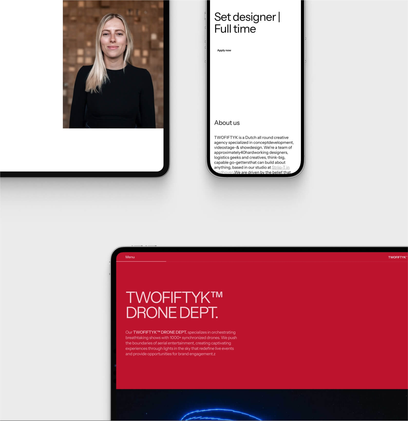 Vacaturepagina van TWOFIFTYK voor set designer, naast een teamportret