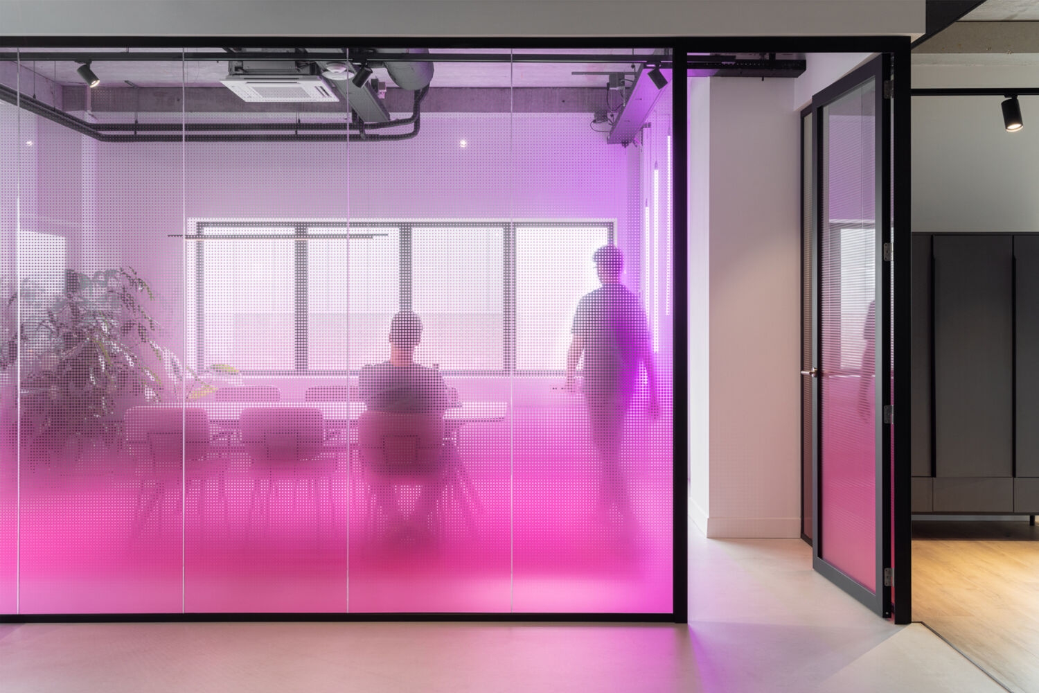 Two people in a meeting room behind a pink transparent glass wall