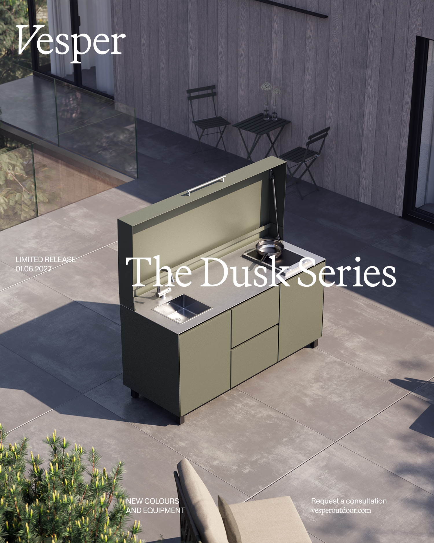 Vesper Dusk Series outdoor kitchen on a modern patio with an integrated sink, cooktop and storage cabinets.