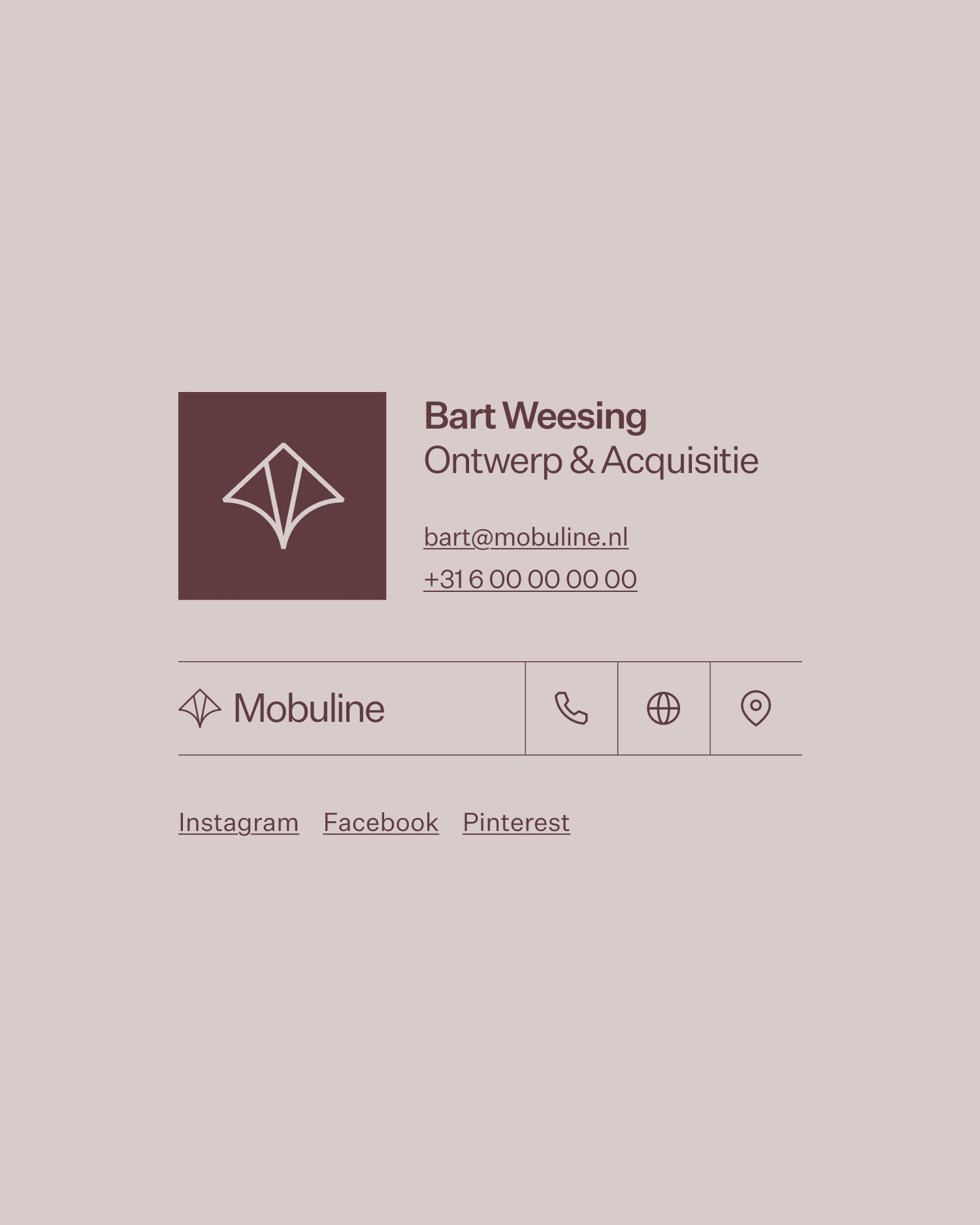 Digitale e-mailhandtekening van Mobuline met logo, contactgegevens en socialmedia-links.