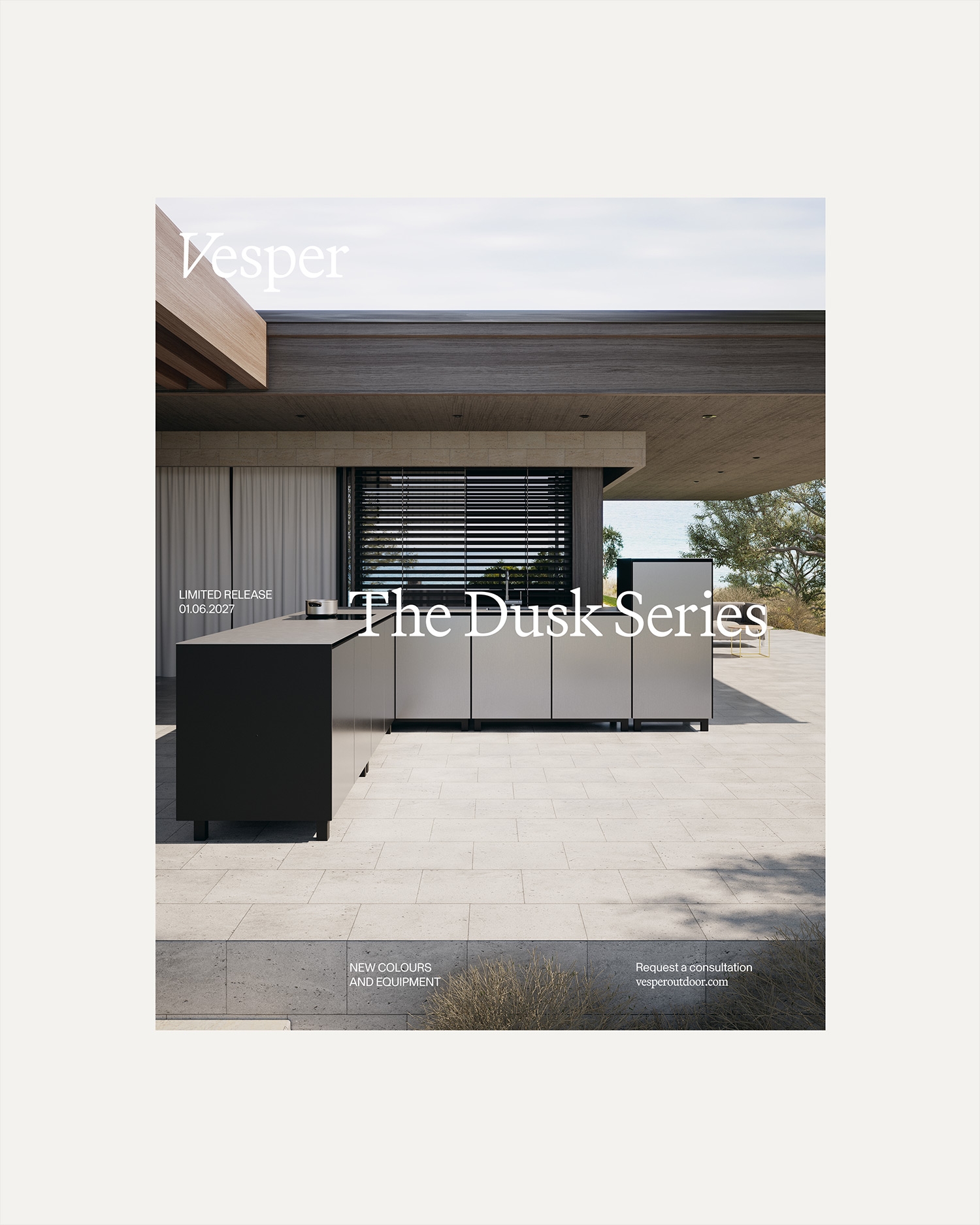 Modern buitenkeuken met minimalistisch ontwerp en houten overkapping, omgeven door natuurlijke omgeving. Tekst: "The Dusk Series".