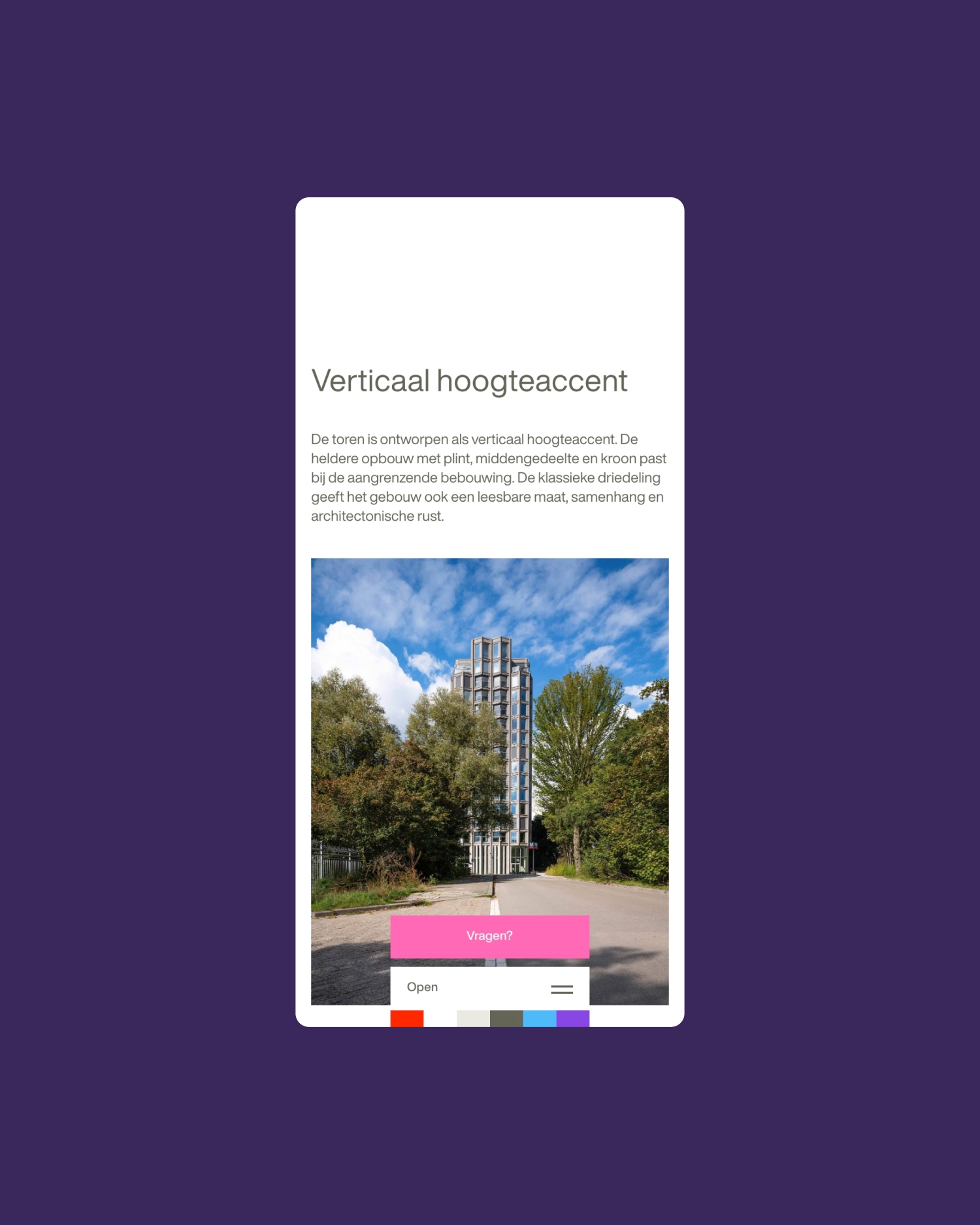 Mobiele projectpagina van ZZDP met fotografie van een gebouw en een opvallend roze kleuraccent.