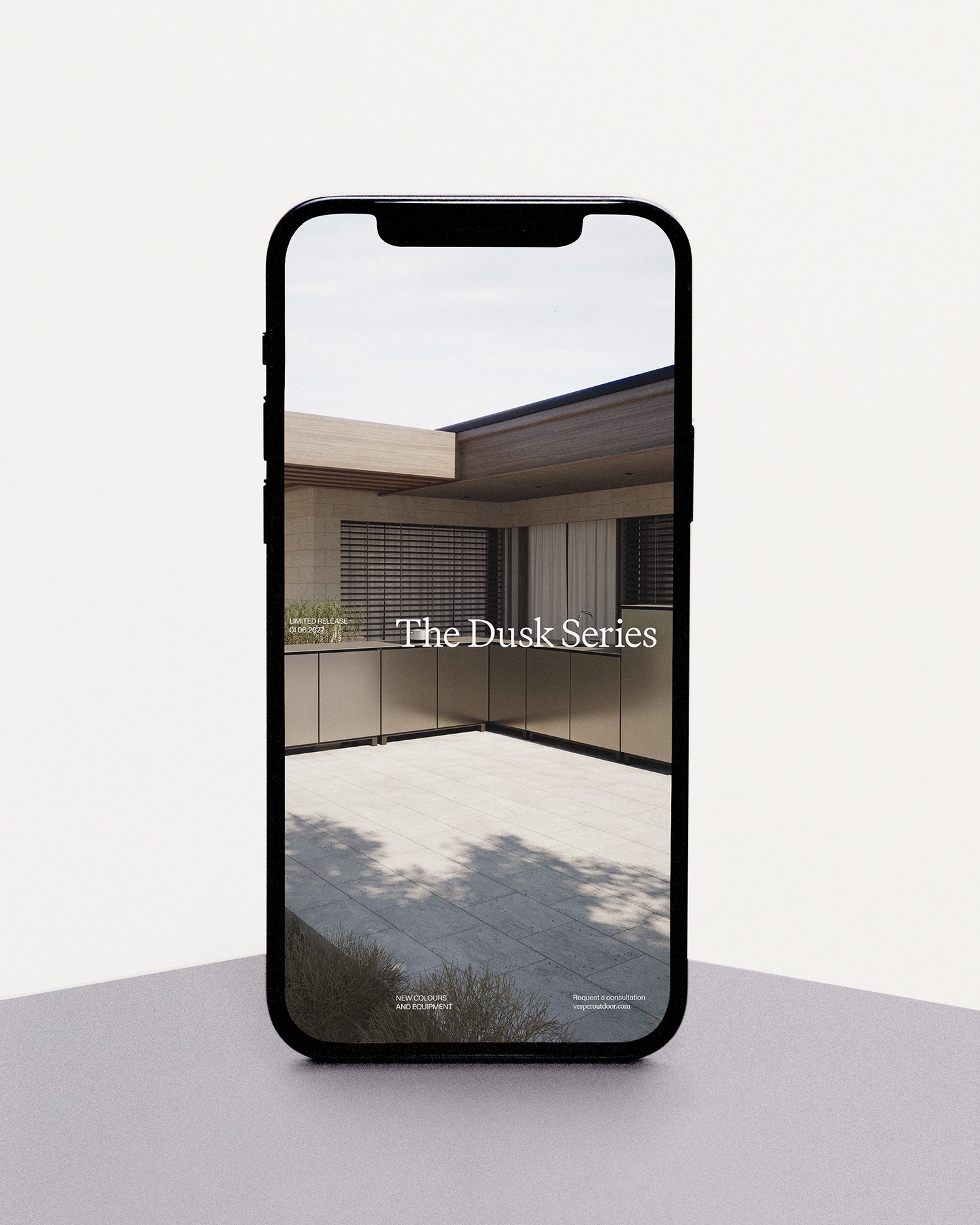 Minimalistisch beeld van een smartphone met een foto van een modern terras en de tekst "The Dusk Series".