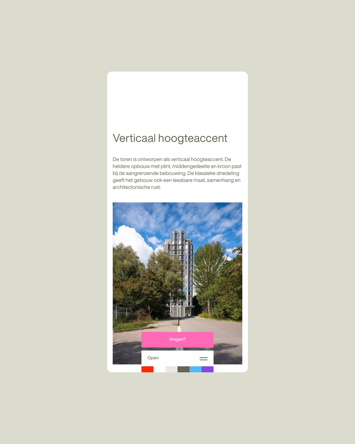 Mobiele projectpagina van ZZDP met architectuurfotografie en een helder roze navigatie-element.