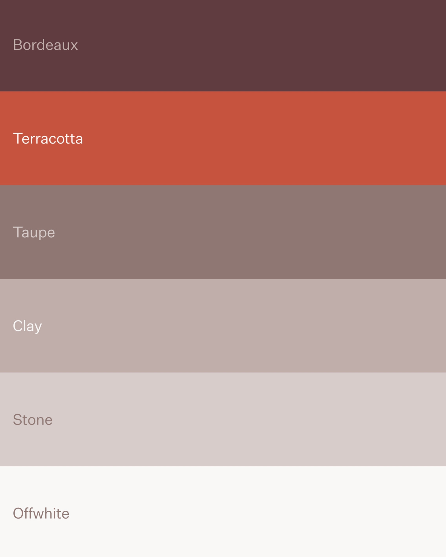 Kleurenpalet van de Mobuline huisstijl met bordeaux, terracotta, taupe en neutrale tinten.