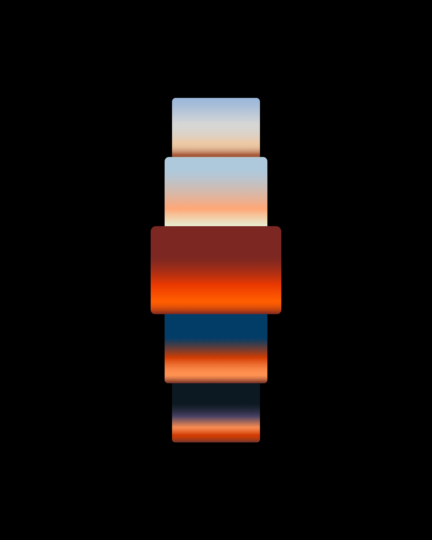 Abstracte vorm in lagen, met overlappende rechthoeken in blauw, rood en oranje tegen een zwarte achtergrond.