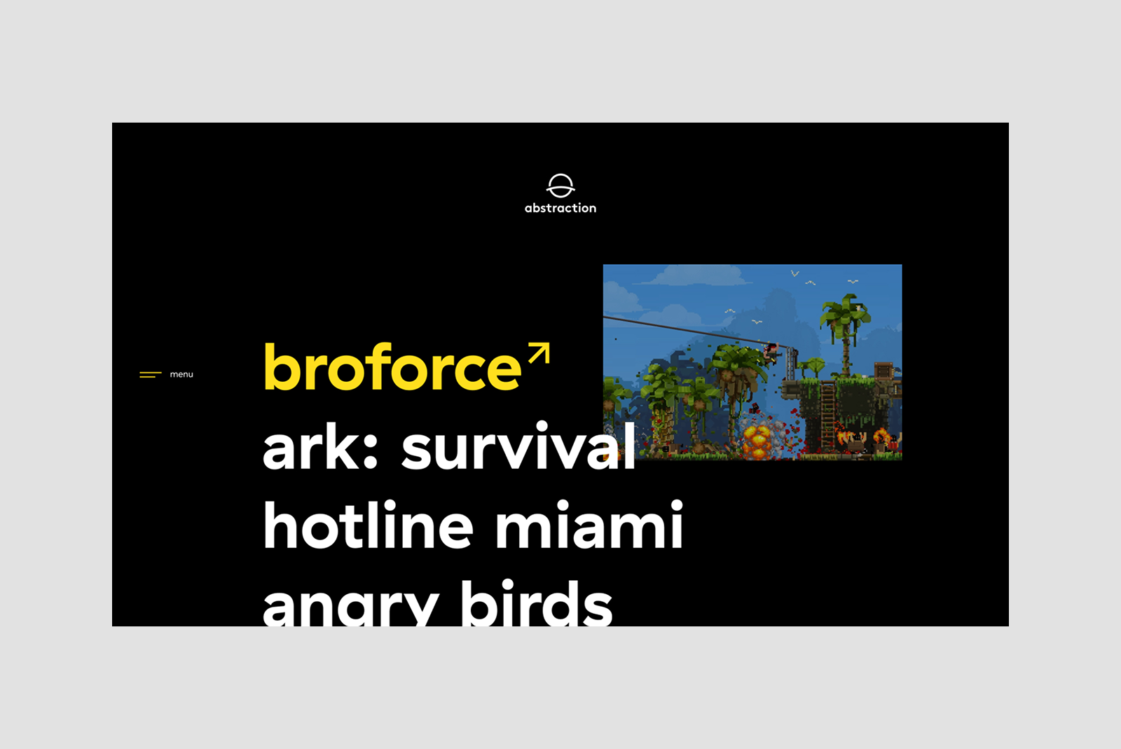 Een desktop view van de website waar je de games kunt zien waar Abstracrtion aan werkt