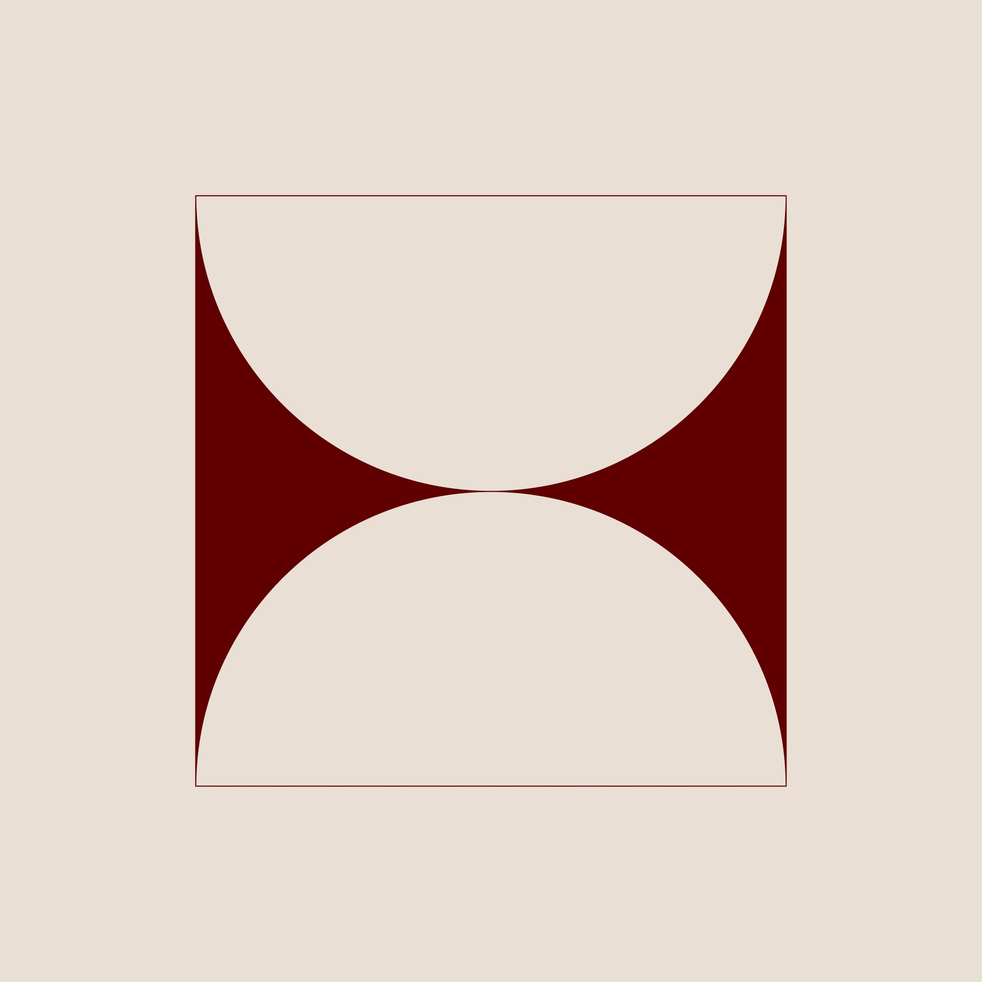 Square with two large round cutouts and dark red shapes on the sides.