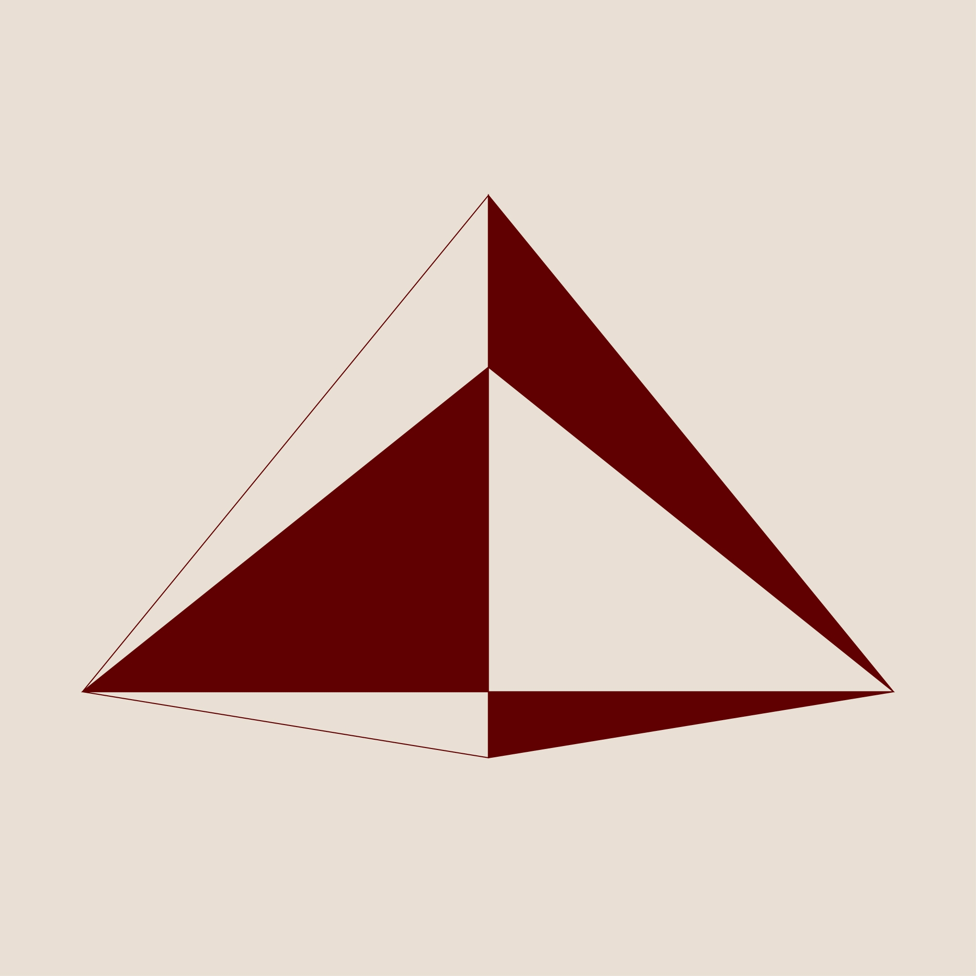 Abstract pyramid built from dark red and outlined triangular shapes.